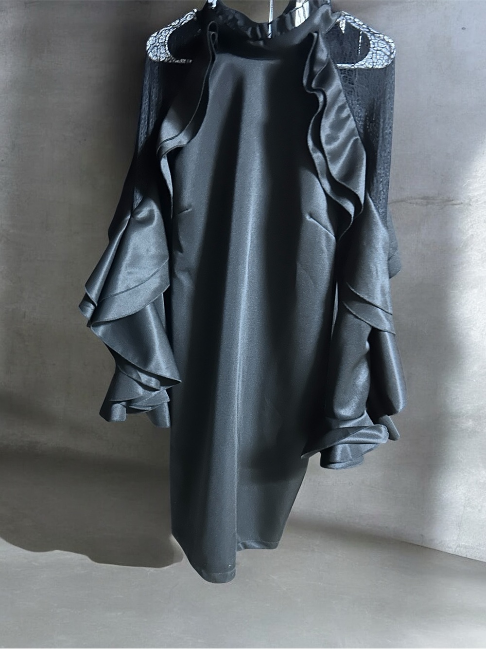 Black Ruffle-Sleeve Satin Cocktail Dress